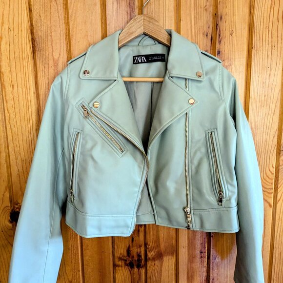 Zara Faux Leather Cropped Moto Jacket - Size S - Mint Green - Picture 1 of 3